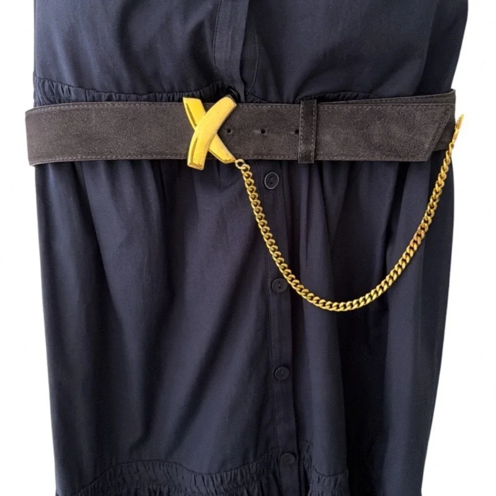 Paloma Picasso Black Suede Leather Belt Gold X Buckle Chain Vintage Italy M/75